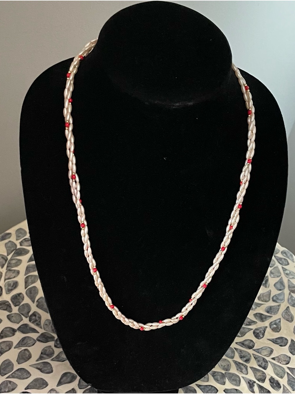 Pearl and Red Bead Twisted Necklace - Women’s Jewelry - Picture 3 of 14